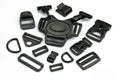 A set of black plastic accessories for the manufacture of backpacks and bags.