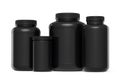 Set of black plastic jar for sport nutrition protein powder isolated on white Royalty Free Stock Photo