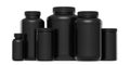 Set of black plastic jar for sport nutrition protein powder isolated on white Royalty Free Stock Photo