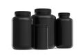 Set of black plastic jar for sport nutrition protein powder isolated on white Royalty Free Stock Photo