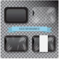 Set of Black Rectangle Styrofoam Plastic Food Tray Container. Vector Mock Up Template