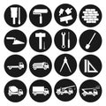 Set black round icons construction. Building tools and cars