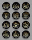 Set of black round icons with gold linear zodiacal signs