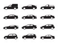 Set of black shapes and Icons of Cars. Vector Illustration. Royalty Free Stock Photo