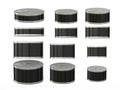 Set of black short cylindrical tin cans in various sizes, clipping path included