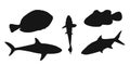 Set black silhouette clownfish, sardine, goldfish and surgeonfish sign icon on white background. Vector clipart illustration Royalty Free Stock Photo
