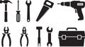 Set of black silhouette construction tools on transparent background for diy Royalty Free Stock Photo