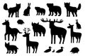 Set of black silhouette forest animals. Cartoon isolated vector fox, wolf, bear, bear cub, elk deer, fallow deer hedgehog, hare, Royalty Free Stock Photo