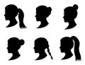 Set of black silhouette girl head with different hairstyle: tail, ponytail, bun, braid hairstyle. Royalty Free Stock Photo