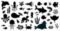 Set of black silhouette isolated marine animals in cartoon style. Sea life, ocean design elements for printing, poster Royalty Free Stock Photo