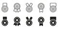 Set of Black Silhouette and Line Medals with Ribbon and Stars. Rewards for Sport Champion on White Background. Round Royalty Free Stock Photo