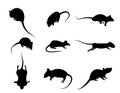 Set of black silhouette rat icon, isolated vector on white backg