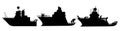 Set of black silhouette research vessels for sea exploration, expedition ships shapes with helicopter illustrations