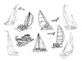 A set of black silhouette sailboats, a set of sailboat badges. doodle style. Vector collection Royalty Free Stock Photo