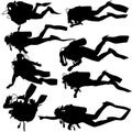 Set black silhouette scuba divers. Vector illustration