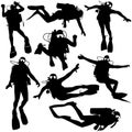 Set black silhouette scuba divers. Vector illustration