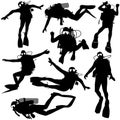 Set black silhouette scuba divers