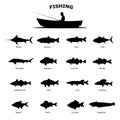 Set of black silhouette of sea river fish