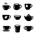 Set of black silhouette tea and coffee cup icons on white background Royalty Free Stock Photo