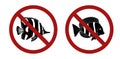 Set of black silhouette of tropical fish in the prohibition sign. Fishing ban. Danger of allergies. Vector icon Royalty Free Stock Photo