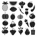 Set black silhouette various fruits and vegetables on a white background. Abstract design logo. Logotype art - vector