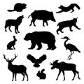 Set of black silhouette wild forest steppe animals. Vector illustration isolated on white, side view profile. Collection Royalty Free Stock Photo