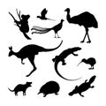 Set of black silhouettes of Australian animals. Kangaroo, koala and emu on a white background Royalty Free Stock Photo