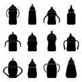 Set of black silhouettes of baby bottles for milk and water, vector illustration