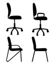 Set of black silhouettes chairs for offices and for home a side view office chairs with handles and without them isolated on white Royalty Free Stock Photo