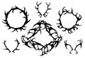 Set of black silhouettes of deer horns, round frames of antlers. The object is separate from the background. Vector object Royalty Free Stock Photo