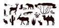 Set of black silhouettes of desert animals flat style, vector illustration Royalty Free Stock Photo