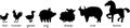 Set of black silhouettes of different cartoon farm animals with titles on white background Royalty Free Stock Photo