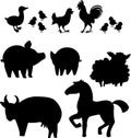 Set of black silhouettes of different cartoon farm animals on white background Royalty Free Stock Photo