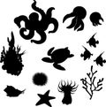 Set of black silhouettes of different marine animals Royalty Free Stock Photo