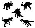 Set of black silhouettes of dinosaurs isolated on white. Stegosaurus, Alosaurus, Raptor, Triceratops, Hadrosaurus