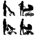 Set black silhouettes Family with pram on white background. Vector illustration Royalty Free Stock Photo