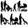 Set black silhouettes Family with pram on white background. Vector illustration Royalty Free Stock Photo