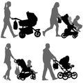 Set black silhouettes Family with pram on white background. Vector illustration Royalty Free Stock Photo