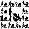 Set black silhouettes Family with pram on white background. Vector illustration Royalty Free Stock Photo