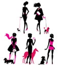 Set of black silhouettes of fashionable girls with their pets Royalty Free Stock Photo