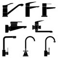 Set of black silhouettes faucets for bathroom and kitchen. Water tap icons.