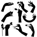 Set of black silhouettes of female hands with vintage accessories