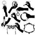 Set of black silhouettes of female hands with vintage accessories