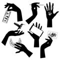 Set of black silhouettes of female hands with vintage accessories