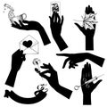 Set of black silhouettes of female hands with vintage accessories