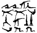 Set of black silhouettes of flexible woman doing yoga.