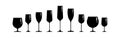 A set of black silhouettes of glasses of different shapes. Vector clip art isolate on white. Simple minimalistic