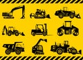 Set of black silhouettes heavy construction and mining machines in flat style on the yellow background. Building