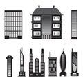 Set of black silhouettes of houses isolated on white background.