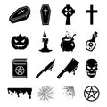 Halloween vector set. Black silhouettes and icons of elements and decorations.